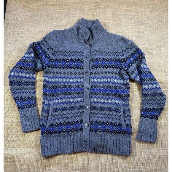Eddie Bauer Womans Gray/Blue/Black Fair Isle Wool/Cotton Cardigan Sweater Size M - Picture 1 of 6